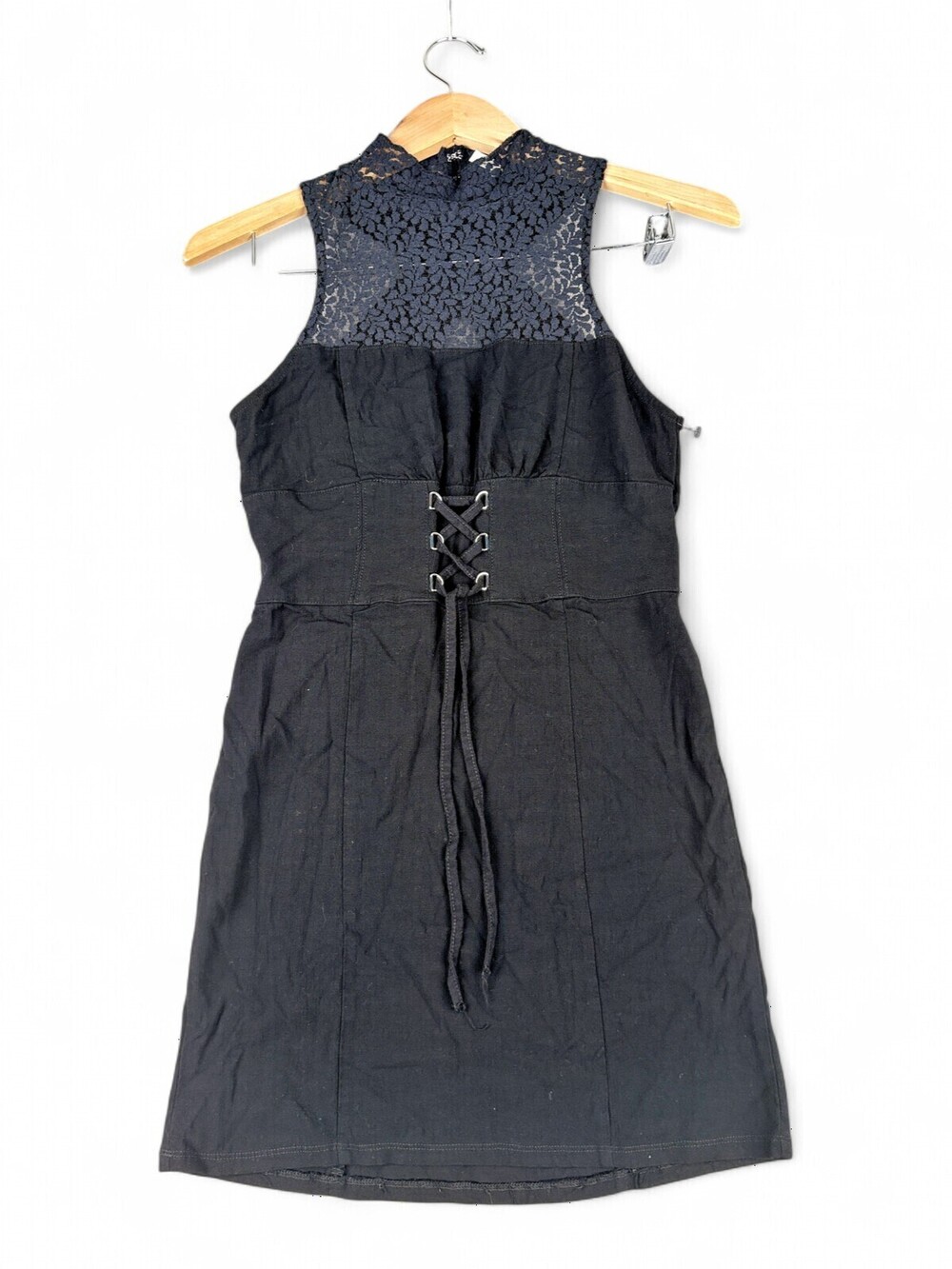 Free People Black Lace Yoke Midi Dress S Lace-Up Waist
